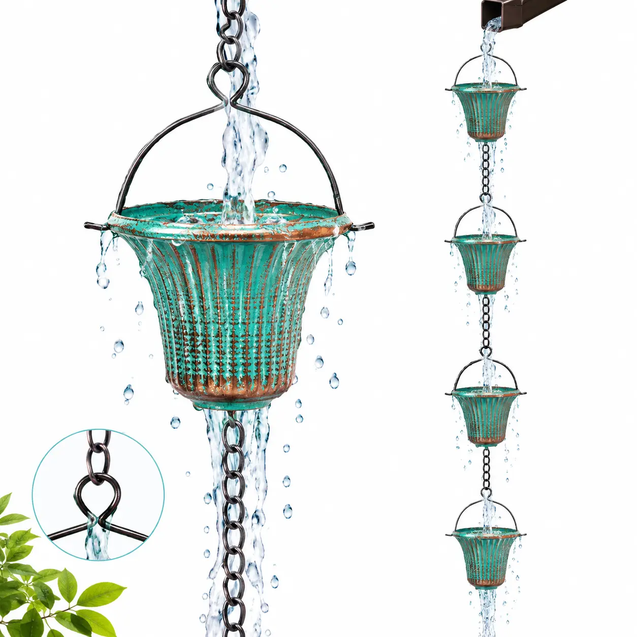 11ft Metal Rain Chain with 12 Cups, Adjustable Length Gutter Downspout Replacement, Eaves Drainage Rain Catcher for Home Improvement Garden Decor