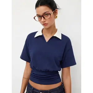 Cider Cotton-blend Two-tone Collar Batwing Sleeve Shirred Hem Top