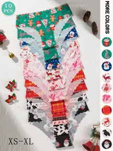 10-pack Christmas-themed women's underwear, featuring various Santa Claus, Christmas hat, and reindeer prints suitable for Christmas, Valentine's Day, and everyday wear, soft and skin-friendly low-waist sexy women's lingerie.