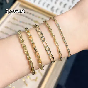 5pcs/set Gold Bracelets for Women Waterproof, 14K Gold Plated Jewelry Sets Trendy Thin Dainty Stackable Cuban Link Paperclip Chain Bracelet Pack Fashion Accessories Gifts for Womens