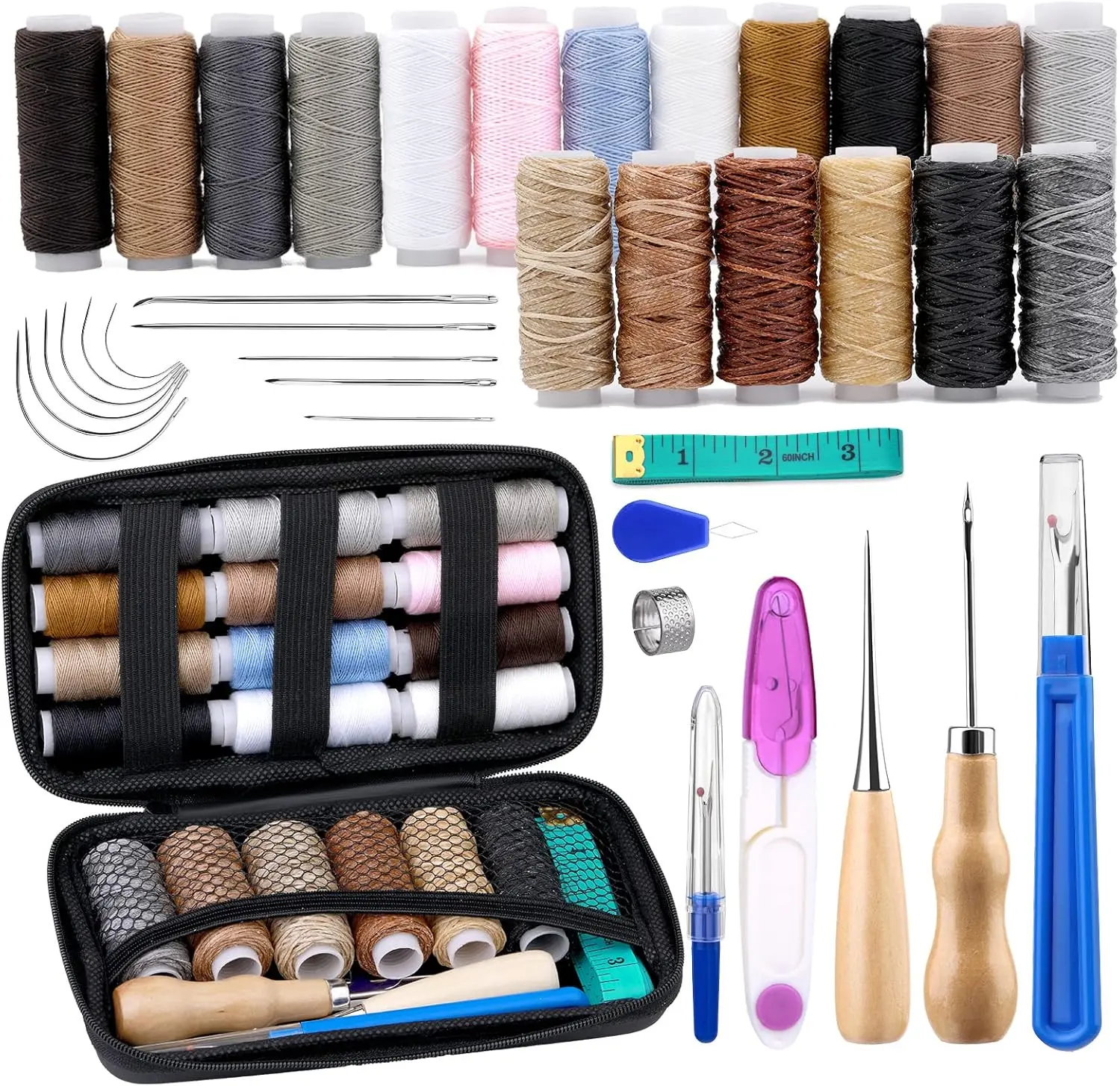 Upholstery Repair Kit, Leather Sewing Kit, Sewing Thread, Waxed Thread, Heavy Duty Hand Sewing , Sewing Awl, Heavy Duty Sewing Kit for  Carpet Sofa Shoe