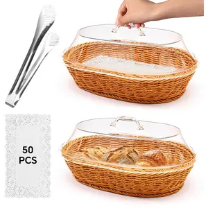 Rattan Bread Baskets, 2 Pack, Oval Woven Baskets with  , 15.75 x 11.81 inches, Stainless Steel Tongs, Lace Doilies, for Bread, Fruit,  Display