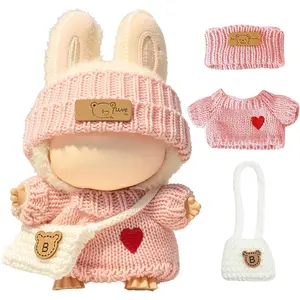 Clothes for LABUBU Doll (NO Doll), 3-Piece Handcrafted Crochet Accessories for LABUBU 17cm Dolls, Premium Outfits for LABUBU Unique Dress up - Heart Sweater + Hat + Bag (Pink)