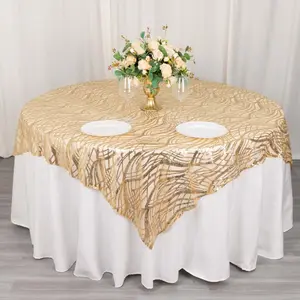 Sequin Mesh Table Overlay 72"x72" Champagne Wave Embroidered Table Topper