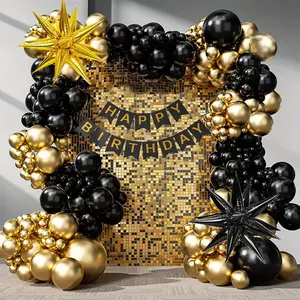 116pcs Black Gold Latex Balloons Garland Arch Kit "Happy Birthday Banner" for Birthday Anniversary Babyshower Party Background Home Decoration Supplies