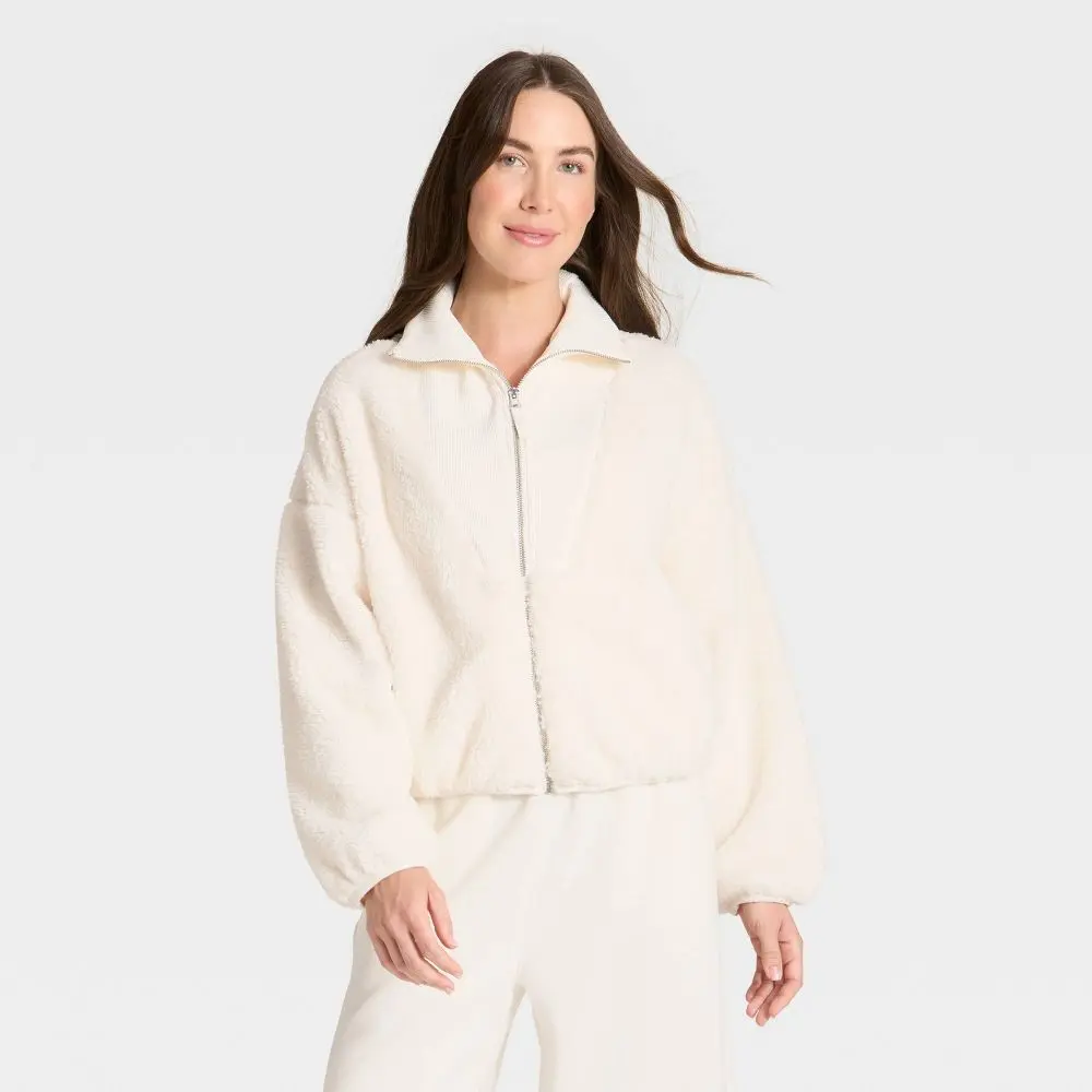 Women's High Pile-Ribbed Mix Long Sleeve Jacket - Soft Polyester-Cotton Solid Coat with Pocket, Everyday Top by All In Motion