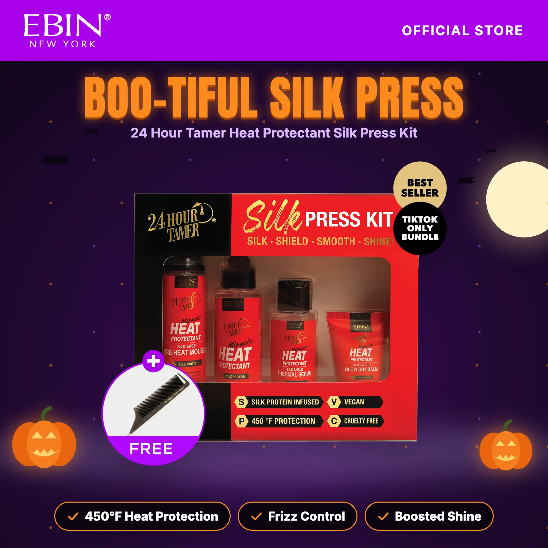 EBIN 24 Hour Tamer Heat Protectant Silk Press Kit with FREE Edge Brush | Silk press, Shield, Smooth, Shine