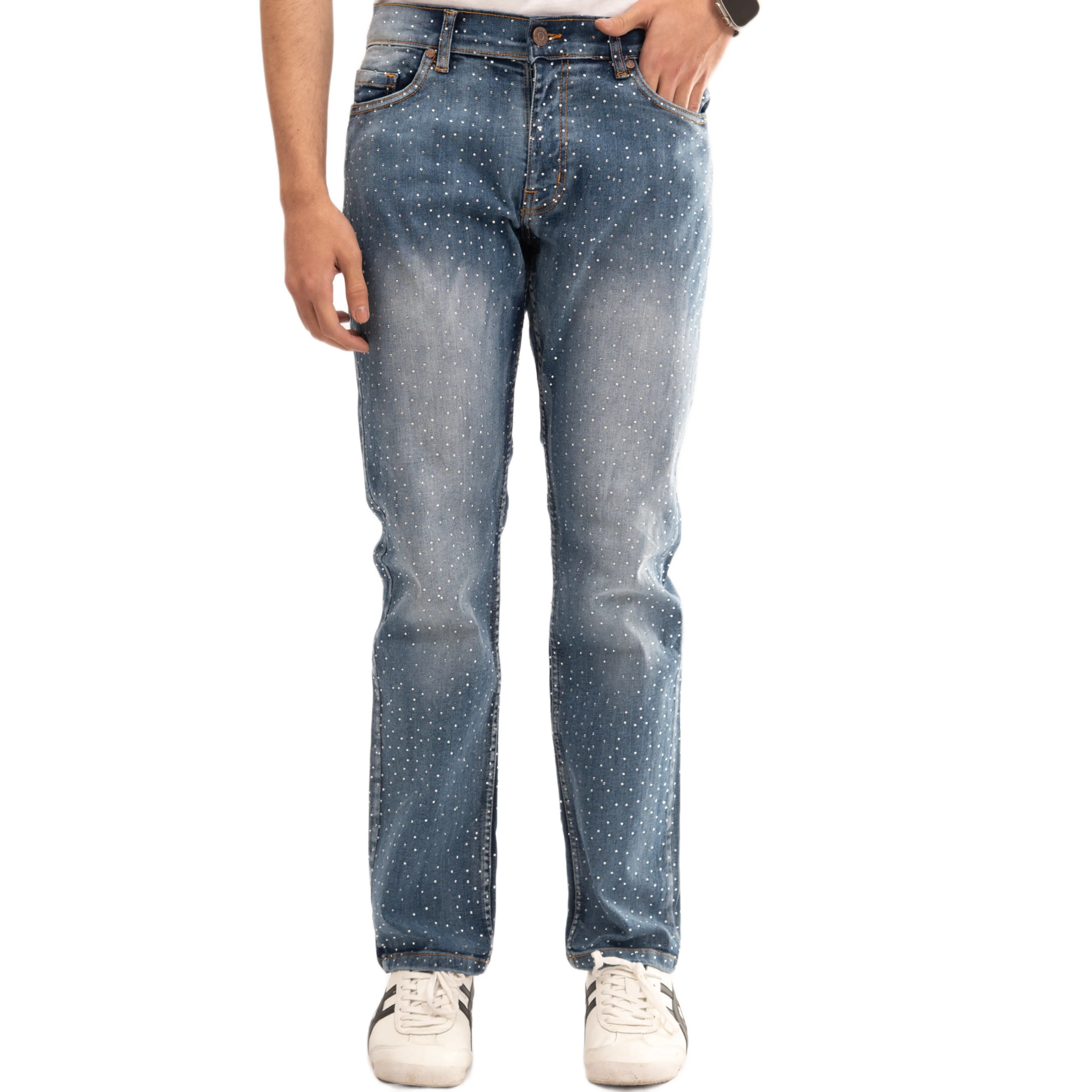 NOVASTILE Men's Ripped Straight Leg Jeans in Stretch Denim, Distressed Casual Streetwear with Rhinestone Studs, Ripped Jeans, Cotton, Fashion Apparel, Breathable, Machine Washable, Washed Denim, Classic, Menswear, Pockets, Smooth, Zipper, Fabric, Pants, S