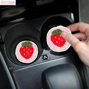 2pcs Crochet Strawberry Car Cup Holder Coasters, Handmade Knitted Interior Decor