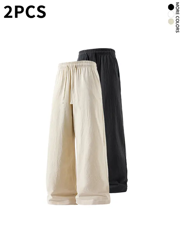2-pack summer pants made of pure cotton with a linen feel; street-style drawstring cotton-linen pants that are comfortable, breathable, loose, and versatile for travel and casual wear, suitable for everyday wear and parties.
