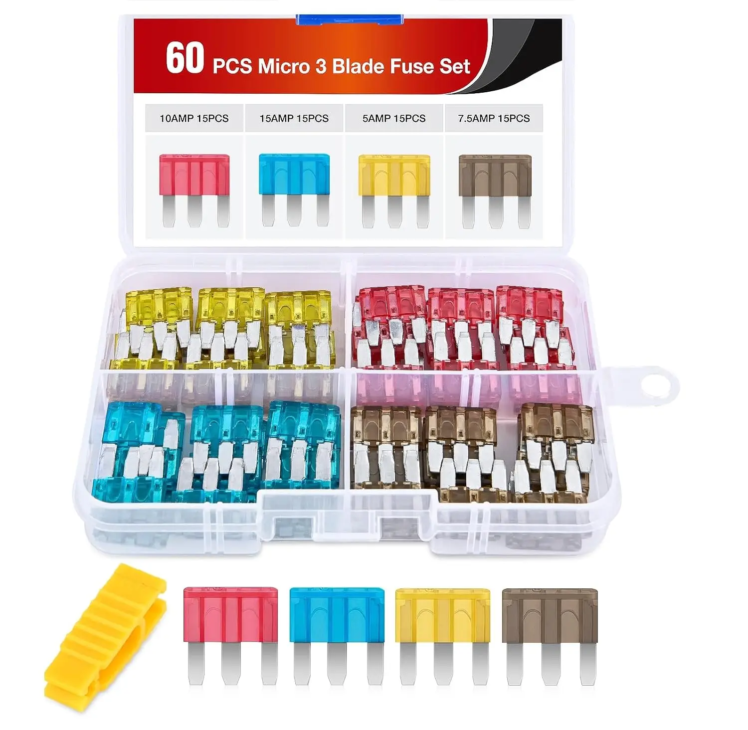Nilight 60PCS 3-Prong Micro3 ATL Car Blade Fuses Assortment Kit - 5A,7.5A,10A,15A Automotive Replacements, Fuse Puller Included, Vehicle Accessories for Trucks, SUVs
