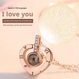 HENSY 100 Languages I Love You Memory Necklace – Heart/Circle Pendant – Titanium Steel Cross Chain – 12.2-15.7 Inch Collarbone Necklace – Unisex Romantic Gift