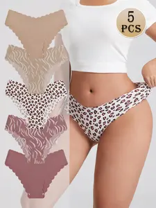 5 Pack Women's Seamless Bikini Panties - Low Rise Scalloped Edge Multiple Prints (Leaf, Leopard) Breathable Nylon Spandex Ultra-Soft Comfort Fit Underwear