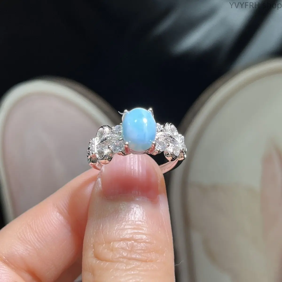 Retro Brushed Solid Copper Cross Star Larimar Ring, Adjustable Open Shank Natural Ocean Ripple Larimar Gem Ring, Luxury Vintage Texture Ladies Finger Jewelry