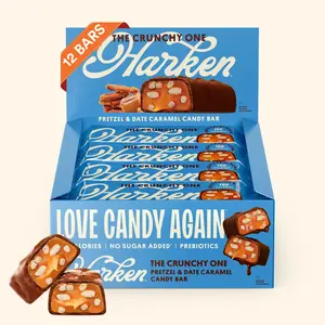 HARKEN, The Crunchy One (12-Pack) – Fibermaxxing Candy Bar, Oat Milk Chocolate, Peanut & Caramel Candy Bar, 14g Fiber, No Sugar Added, Made with Dates, 150 Calories per Bar, High Fiber Snack, Vegan, Plant-Based, Fair-Trade Cocoa, Lower Cal Dessert