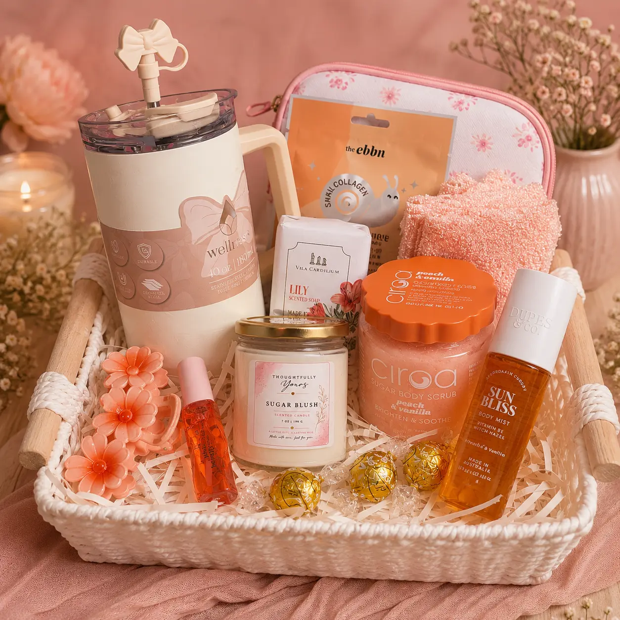 Worth the Flowers – Peachy & Pampered | Self-Care Gift Basket for Her Gift Basket Aesthetic- Gift For Her - Thoughtful Gift Scented Body Mist Scented