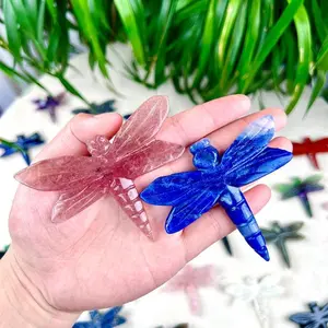 Multi-Color Natural Crystal Dragonfly Statue: Pink Crystal & Blue Lapis Lazuli Hand-Carved Decorative Figurine