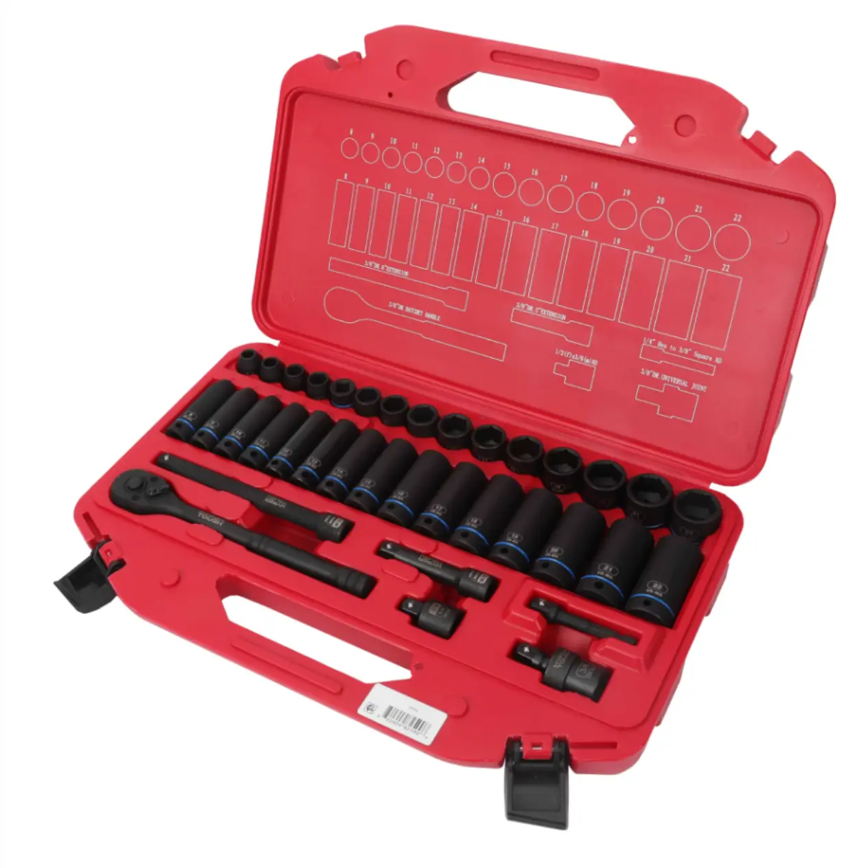 36-Piece 38-Inch Drive Metric Impact Socket Set, 6-Point Deep and Shallow Sockets with Ratchet, Extensions and Adapters