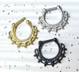 1pc 100% SURGICAL STEEL Lace Tribal Fan Septum Ring Clicker Pierced Nose 16g - Only Gold Left In Stock!