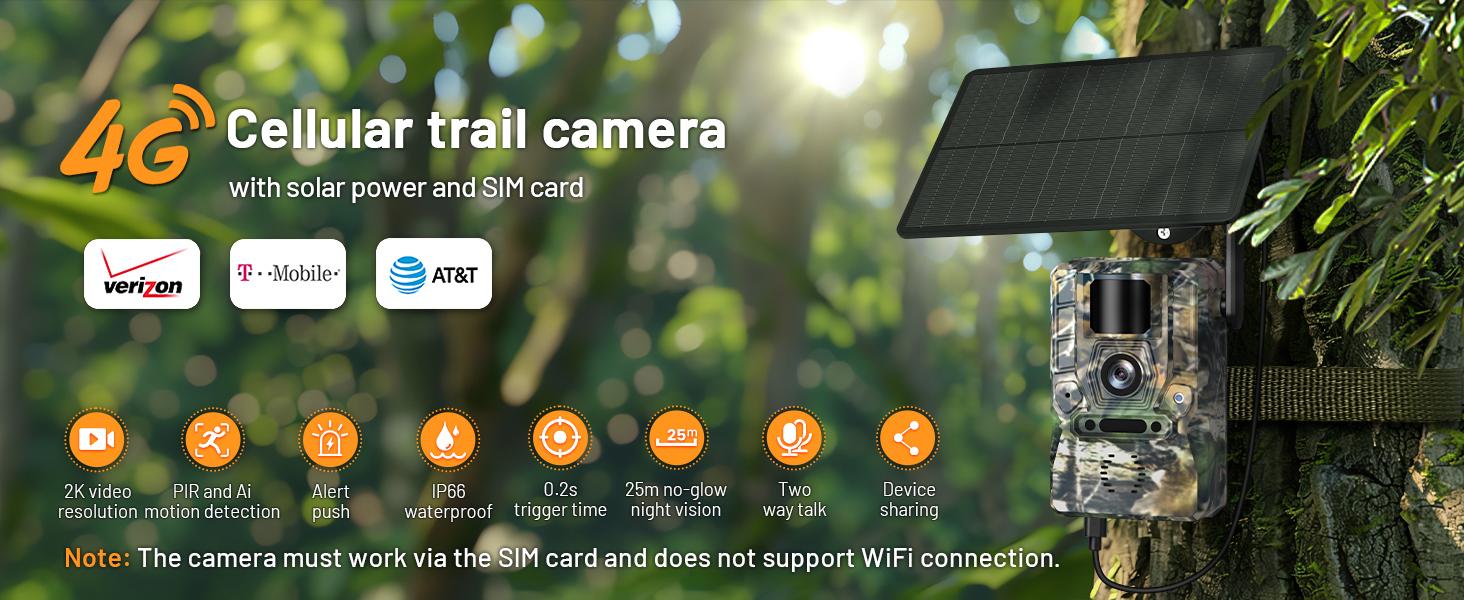 Trail Camera 4G LTE, 2K, Night Vision, Motion Activate, Built-in SIM Card, 0.2s Trigger, Solar Power, IP66 Waterproof, APP Control, Live Streaming