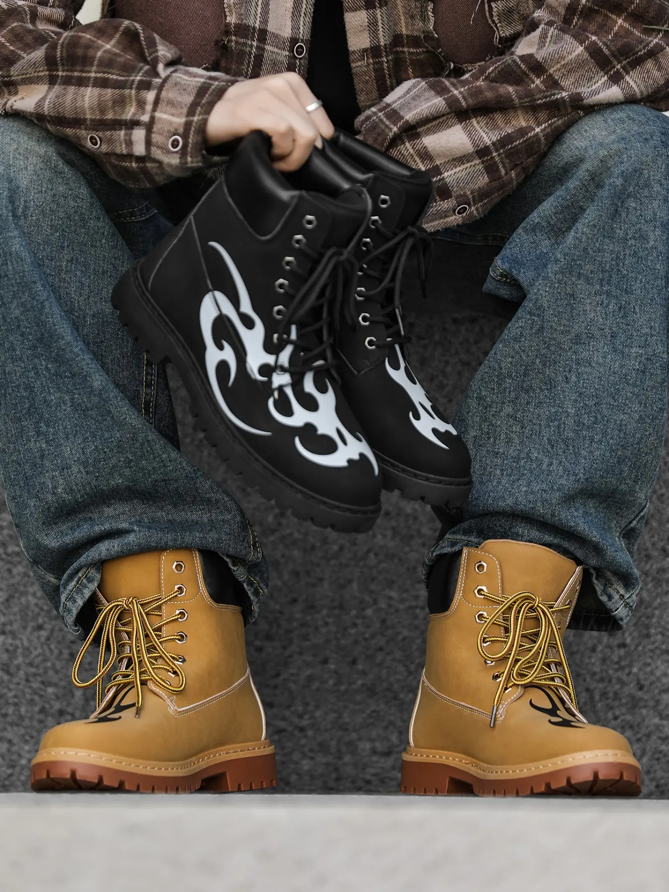 Men's Classic Mid-Calf Boots Fall & Winter, Flame Pattern Print, PU Leather Waterproof Anti-Slip, Vintage Style Streetwear