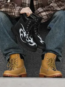 Men's Classic Mid-Calf Boots Fall & Winter, Flame Pattern Print, PU Leather Waterproof Anti-Slip, Vintage Style Streetwear