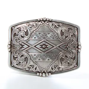 Nocona Western Belt Buckle - Antique Silver Rectangle, Aztec Engraved, Western Theme Fashion Accessory