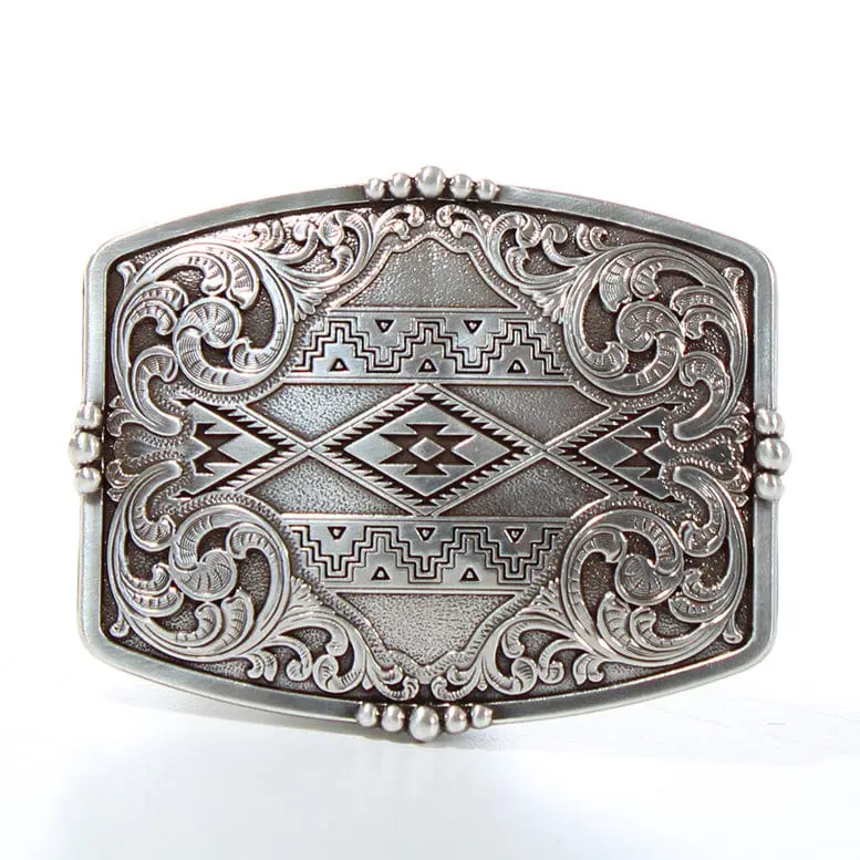 Nocona Western Belt Buckle - Antique Silver Rectangle, Aztec Engraved Ethnic-Inspired Cowboy-Themed Buckles for Men's Belts, Embossed Beadwork Fashion Accessory, Cowboy-Themed Men's Belts, Beadwork Men's Belts