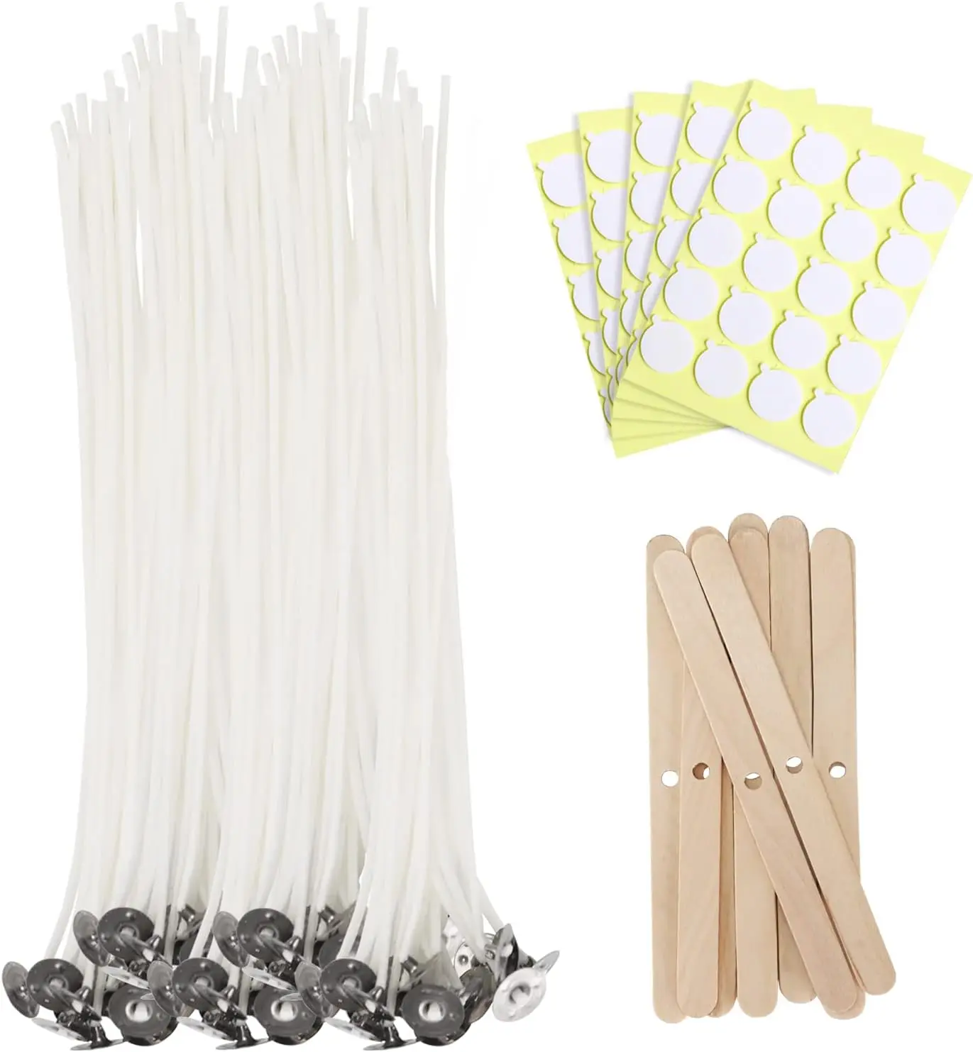 100 count Cotton Candle Wicks (10 Inches) with 100 count Wick Stickers and 10 count Wooden Candle Wick Holders, Candle Wicks for Soy Wax, Beeswax, Coconut Wax
