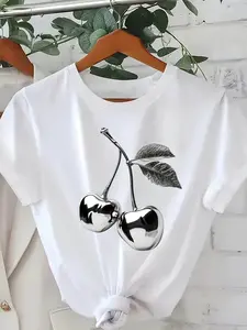 A Fresh And Modern Silver Cherry Pattern Printed Women'S Round Neck Short Sleeve T-Shirt for Spring And Summer