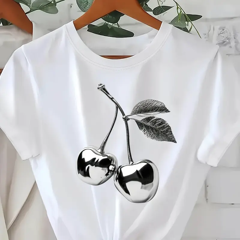 A Fresh And Modern Silver Cherry Pattern Printed Women'S Round Neck Short Sleeve T-Shirt for Spring And Summer