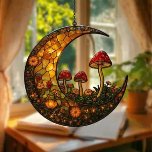 Enchanted Crescent Moon Suncatcher with Mushrooms and Flowers, Acrylic Hanging Art for Fairy core or Cottage core Room Decor, Home Decor