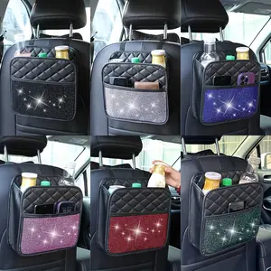 electric dipstick Sparkling Bling Car Seat Back Organizer - Multi-Functional Storage Bag with Rhinestone Accents, PU Leather, Fits Most Vehicles