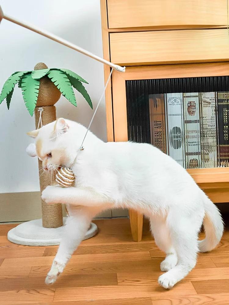 Handcrafted Natural Wood Cat Teaser Wand Toy with Durable Jute Rope Mouse, Real Feathers and Jingle Bell - Interactive Log Teasing Stick for Indoor Cats, Kittens, Exercise and Hunting Play