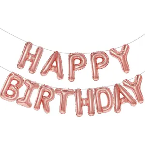 Rose Gold Happy Birthday Balloon Banner, 16 Inch Foil Mylar Happy Birthday Balloons Letters, Reusable Happy Birthday Sign, Rose Gold Birthday Decorations for Women and Girls