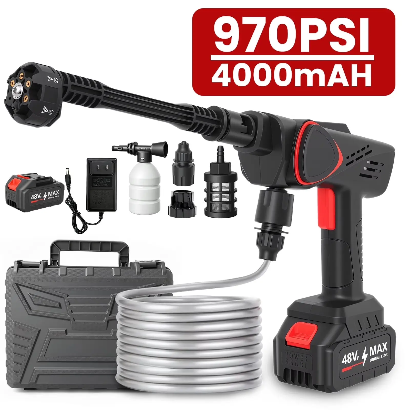 BAOKALER Cordless Pressure Washer, 970PSI Portable Power Washer with 4AH Battery, 6 in 1 Nozzle Electric High Power Washer with Brushless Motor, Black CATGOOD