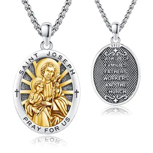 DRINSPER St Joseph Necklace 925 Sterling Silver Pendant Saint Joseph the Foster Father of Jesus Christ Patron Saint of Carpenter and Family Daily Wear Silver Jewelry Religious Protection Amulet Gift for Men