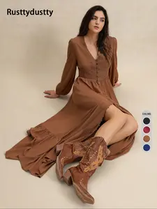 Women's Plain V Neck Long Sleeve Dress, Casual Fitted Woven Dress for All Seasons, Daily Wear Fashionable Women's Clothing Womenswear