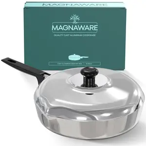 MAGNAWARE 10 Inch Cast Aluminum Sauté Pan with Lid - 3 Quarts Capacity for Superior Heat Distribution & Flavorful Cooking