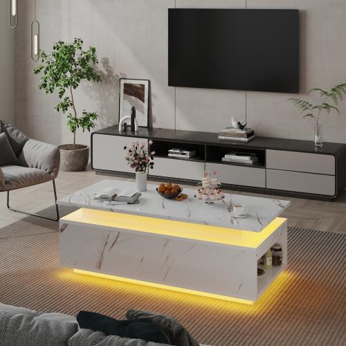 47" Modern Coffee Table with 24-Color LED with Wireless Charging, Bluetooth Speaker, and USB Ports, High Glossy Marble Coffee Table with Large Open 2-Tier Storage and Shelves for Living Room - White