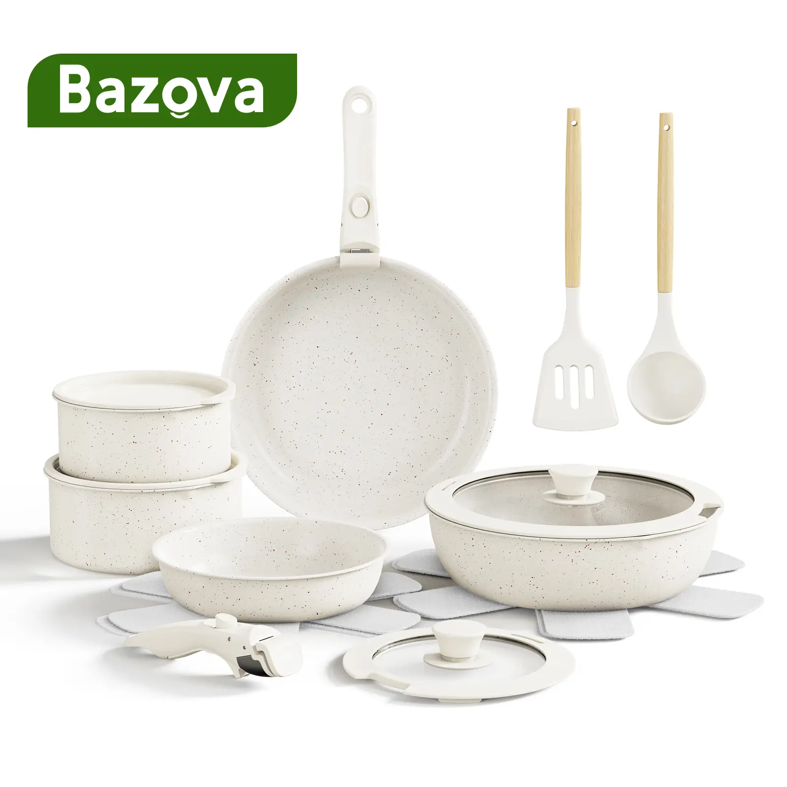 Bazova 17 Pieces Cookware Sets Ceramic Nonstick Pots and Pans Set with Removable Handles, Induction Compatible, Oven & Dishwasher Safe, Cream White