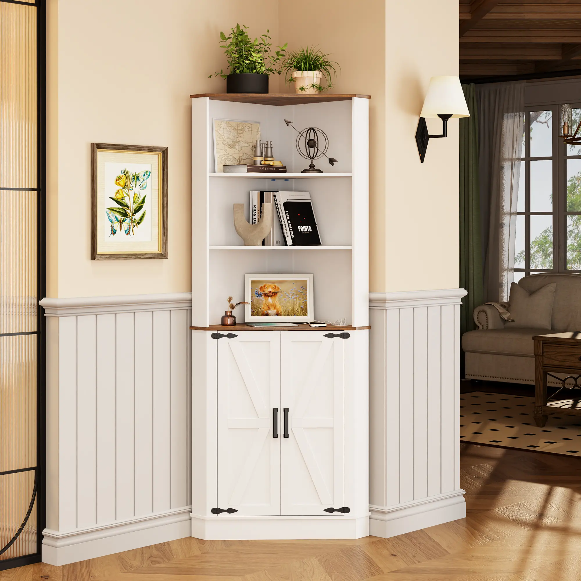 Miu Farmhouse Corner Cabinet with LED Light, 67" Tall Bathroom Cabinet with 2 Doors and 3 Tier Shelves, Free Standing Corner Storage Cabinet for Living Room or Kitchen