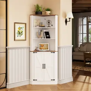Miu Farmhouse Corner Cabinet with LED Light, 67" Tall Bathroom Cabinet with 2 Doors and 3 Tier Shelves, Free Standing Corner Storage Cabinet for Living Room or Kitchen