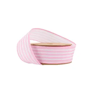 1 1/2" Wired Ribbon | White w/ Pink Ticking Stripes | 10 Yard Roll 1 1/2" Wired Ribbon | White w/ Pink Ticking Stripes | 10 Yard Roll