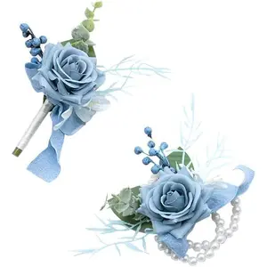 Artificial Rose Wrist Corsage Wristlet and Boutonniere Set for Wedding Bridal Shower Prom Ideal for Bridesmaids Mothers Grandmothers
