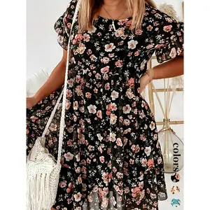 Women's Floral Print Ruffle Smock Dress, Casual Fashion Short Sleeve Round Neck Knee Length Dress for Summer, Women's Dress for Beach Holiday Vacation, Womenswear