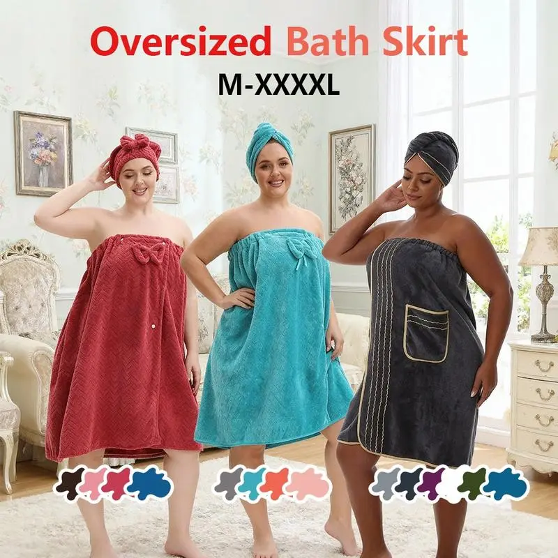 Oversized Women Bath Skirts Set - Absorbent Soft Robe & Hair Towel, Multiple Styles, Size M-XXXXL for Home, Bath & Sauna