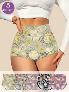 Women's Floral Print High Waist Elegant Soft Panty, Casual Comfy Breathable Fitted Knicker for Daily Wear, Ladies Underwear for All Seasons