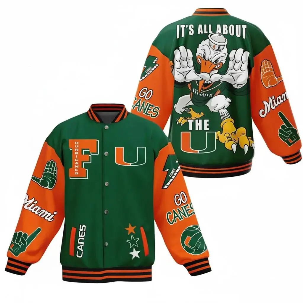 Dope Mascot Angry Duck Print Varsity Jacket Relaxed Fit Go Canes Miami Big Letter U Patchwork Vintage Sports Graphic Loose Baseball Outerwear Casual Apparel For Fall Winter Spring