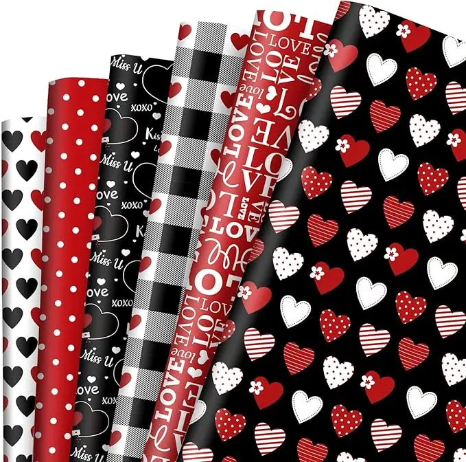 12 Sheet Valentine's Day Wrapping Paper Heart Love Plaid Gift Wrap Paper Bulk Folded Flat Black Red Craft Paper for DIY Crafts Wedding Anniversary Party Gift Packing Supplies, 19.7 x 27.6 Inch